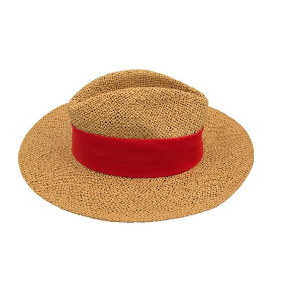 LOFT S/M Fedora Straw Hat 3" Brim Red Ribbon Bow - Picture 3 of 8